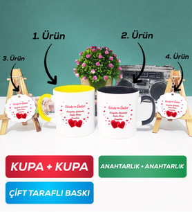 İkili Sarı Siyah Sevgiliye Sevgililer Günü Hediyesi 6 Kupa Bardak Anahtarlık