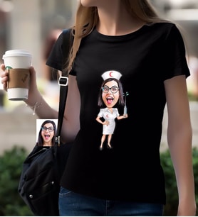 BK Gift Kişiye Özel Hemşire Karikatürlü Siyah T-Shirt-1