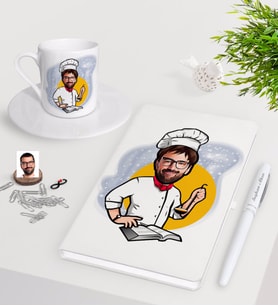 BK Gift Kişiye Özel Erkek Chef Karikatürlü Beyaz Defter Kalem Türk Kahvesi Fincanı Seti-12 (Model 1)
