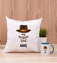 Awesome Dad Babaya Hediye Kare Yastık ve Mavi Kupa Bardak