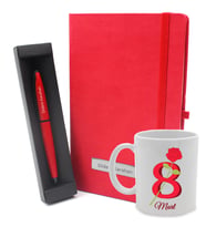 8 Mart Dünya Kadınlar Gününe Özel Kupa  & Kırmızı Defter & Mat Roller Kalem Hediye Seti (Model 1)
