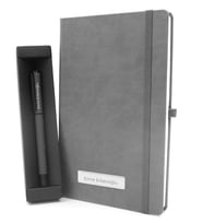 Kişiye Özel Lüks Termo Deri Gri Defter & Siyah Mat Roller Kalem Hediye Seti (Model 3)