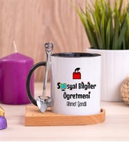 Sosyal Bilgiler Öğretmeni Ahşap Altlıklı Siyah Kupa Bardak