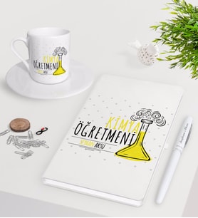 BK Gift Kişiye Özel Kimya Öğretmeni Beyaz Defter Kalem Türk Kahvesi Fincanı Seti-5 (Model 1)