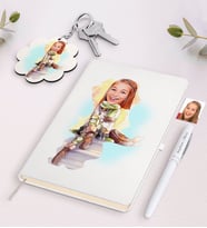 BK Gift Kişiye Özel Kadın Karikatürlü Beyaz Defter Kalem ve Anahtarlık Hediye Seti-17 (Model 1)