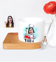 BK Gift Kişiye Özel Chef Karikatür Ahşap Altlıklı Seramik Fincan  2