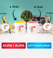 İkili Sarı Pembe Sevgiliye Sevgililer Günü Hediyesi 1 Kupa Bardak Anahtarlık