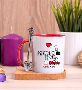 Psikolojik Danışman Ahşap Altlıklı Kırmızı Kupa Bardak