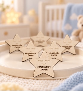 50 Adet İsme Özel Kendin Süsle Ahşap Magnet Gold Hoşgeldin Bebek - Yıldız