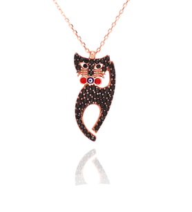 Siyah Taşlı Kedi Rose Gümüş Kolye