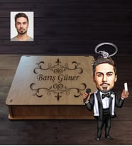 Kişiye Özel Berber Karikatürlü Ahşap Anahtarlık Kutulu Bay-3