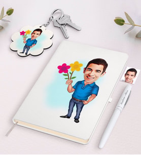 BK Gift Kişiye Özel Erkek Karikatürlü Beyaz Defter Kalem ve Anahtarlık Hediye Seti-1 (Model 1)