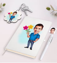 BK Gift Kişiye Özel Erkek Karikatürlü Beyaz Defter Kalem ve Anahtarlık Hediye Seti-1 (Model 1)