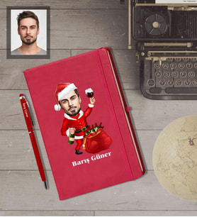 Kişiye Özel Yılbaşı Erkek Karikatürlü Kırmızı Defter Kalem Hediye Seti Model-6