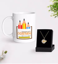 BK Gift Kişiye Özel Dünyanın En İyi Öğretmeni Beyaz Kupa ve Papatya Kolye Hediye Seti-20 (Model 1)