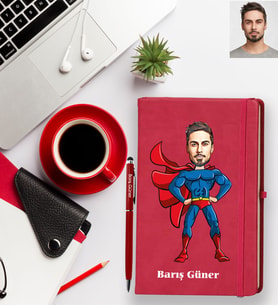 Kişiye Özel Süperman Karikatürlü Kırmızı Defter Kalem Hediye Seti  Bay-1