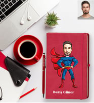 Kişiye Özel Süperman Karikatürlü Kırmızı Defter Kalem Hediye Seti  Bay-1