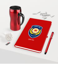 BK Gift Kişiye Özel Polis Çevik Kuvvet Temalı Kırmızı Defter Kalem Termos Mug Seti (Model 1)