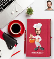 Kişiye Özel Aşçı Karikatürlü Kırmızı Defter Kalem Hediye Seti Bay-1