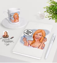 BK Gift Kişiye Özel Bayan Kolay Yetişmiyor Karikatürlü Beyaz Defter Kalem Türk Kahvesi Fincanı Seti-7 (Model 1)