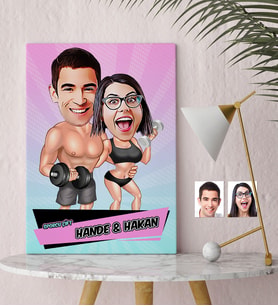 BK Gift Kişiye Özel Sporcu Çift Karikatür Kanvas Tablo 30x50cm  2