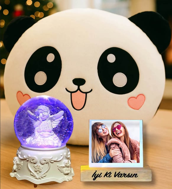 Kişiye Özel Beyaz Melek Işıklı Kar Küresi & Panda Polar Yastık Arkadaşa Doğum Günü Hediyesi