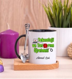 Teknoloji ve Tasarım Öğretmeni Ahşap Altlıklı Siyah Kupa Bardak