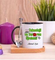 Teknoloji ve Tasarım Öğretmeni Ahşap Altlıklı Siyah Kupa Bardak