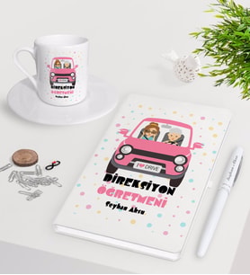 BK Gift Kişiye Özel Direksiyon Öğretmeni Beyaz Defter Kalem Türk Kahvesi Fincanı Seti (Model 1)