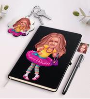 BK Gift Kişiye Özel Kız Çocuk Karikatürlü Siyah Defter Kalem Ve Anahtarlık Hediye Seti-11 (Model 1)