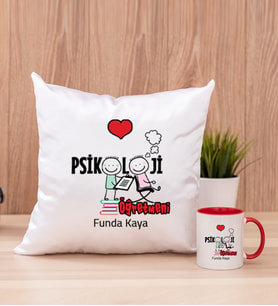 Psikoloji Öğretmeni Kare Yastık ve Kırmızı Kupa Bardak