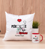 Psikoloji Öğretmeni Kare Yastık ve Kırmızı Kupa Bardak