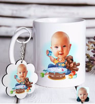 BK Gift Kişiye Özel Bebek Doğum Günü Karikatürlü Beyaz Kupa ve Anahtarlık Hediye Seti-1 (Model 1)