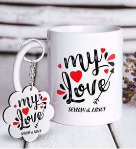 BK Gift Kişiye Özel Sevgililer Günü Beyaz Kupa ve Anahtarlık Hediye Seti-75 (Model 1)