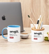 Sevgili Kelime Anlamı Mavi Kupa Bardak Ve Kalemlik Hediye Seti