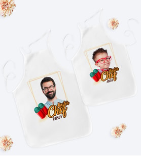 BK Gift Kişiye Özel İkili Fotoğraflı Baba Oğul Mutfak Önlüğü Seti - 1 (Beyaz)