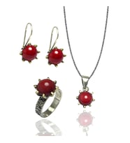Mercan Taşlı El işi Otantik Gümüş Üçlü Set