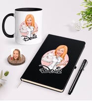 BK Gift Kişiye Özel Kadın Aşçı Karikatürlü Siyah Defter Kalem ve Kupa Seti-3 (Model 1)