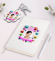 BK Gift Kişiye Özel Fotoğraflı Doğum Günü Beyaz Defter Kalem ve Anahtarlık Hediye Seti-8 (Model 1)