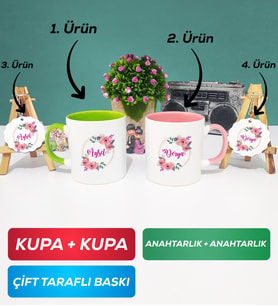 İkili Yeşil Pembe Kişiye Özel İsim Yazılı Çiçek Tasarımlı Kupa Bardak Anahtarlık Hediye Seti