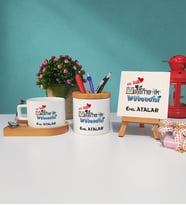 Mesajlı Matematik Mühendisi Tasarımlı Kişiye Özel Matematik Mühendisi Ahşap Altlıklı Fincan Kalemlik ve Dekoratif Taş Baskı Hediye Seti