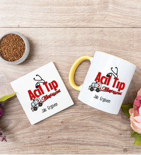 Acil Tıp Teknisyeni Sarı Kupa Bardak Ve Bardak Altlığı Seti