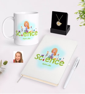 BK Gift Kişiye Özel Bayan Fen Bilimleri Öğretmeni Karikatürlü Beyaz Kupa Defter Kalem ve İsimli Papatya Kolye Hediye Seti (Model 1)