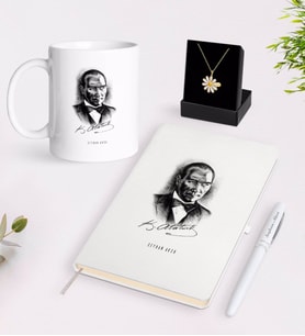 BK Gift Kişiye Özel Atatürk Temalı Beyaz Kupa Defter Kalem ve İsimli Papatya Kolye Hediye Seti-14 (Model 1)