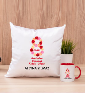 Kadınlar Günü Hediyesi  Kare Yastık ve Kırmızı Kupa Bardak