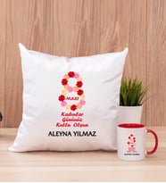 Kadınlar Günü Hediyesi  Kare Yastık ve Kırmızı Kupa Bardak