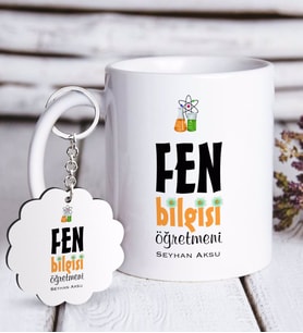 BK Gift Kişiye Özel Fen Bilgisi Öğretmeni Beyaz Kupa ve Anahtarlık Hediye Seti (Model 1)