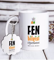 BK Gift Kişiye Özel Fen Bilgisi Öğretmeni Beyaz Kupa ve Anahtarlık Hediye Seti (Model 1)