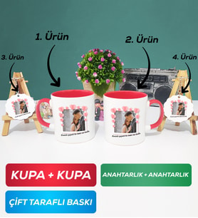 İkili Kırmızı Sevgiliye Sevgililer Günü Hediyesi 12 Kupa Bardak Anahtarlık
