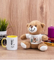 Sevgiliye Hediye Baş Harfli Çiçek Tasarım Sarı Kupa Bardak ve Peluş Ayıcık
